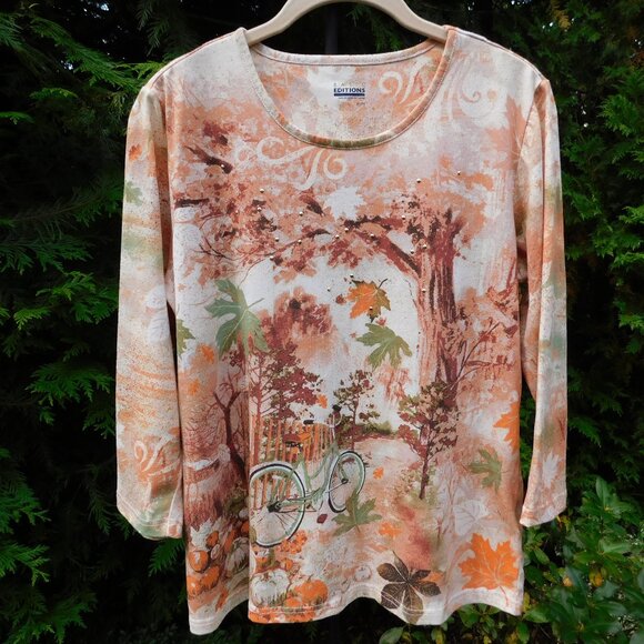 Basic Editions Pretty Embellished 3/4-Sleeve Tee Sz-M - Picture 1 of 4